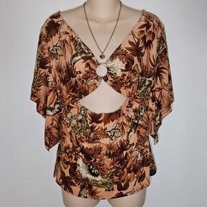 Tabom Y2k‎  Tropical Animal Print Cutout Ring Detail Flutter Sleeve Top